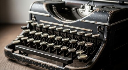Antique typewriter, black metal, round keys, worn surface