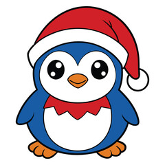 Cute cartoon penguin wearing a santa hat silhouette isolated on white background