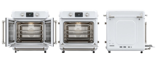 Obraz premium Modern white oven with stainless steel accents, shown in three views. The oven's door opens, revealing a spacious interior with racks. Controls and lighting are visible