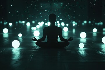 meditating figure surrounded by floating glowing orbs of light in a dark room
