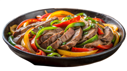 Photo of beef and pepper fajitas in a cast iron skillet, a classic mexican dish with colorful bell peppers and onions, perfect for a flavorful meal isolated on transparent background