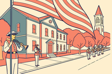 festive parade moving through the main street of morris illinois with flags, music, and community pride on display