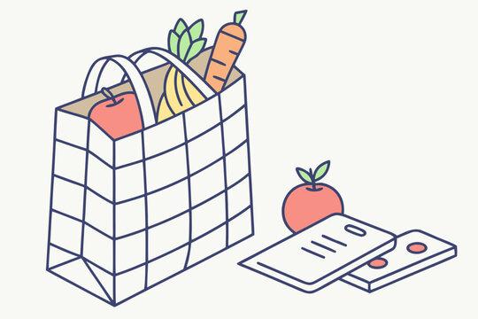 grocery receipt and EBT card labeled illinois food stamps lying on a countertop with produce nearby