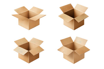 Four cardboard boxes, varying open positions
