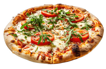Round pizza topped with tomatoes, mozzarella, and arugula