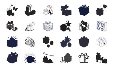 Set of Gift Box and Present Icons with Decorative Ribbons, Shopping Bags, Celebration Elements, and Festive Silhouettes for Parties and Holidays