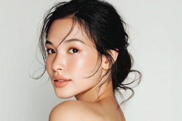 ナチュラルメイクの30代の女性（アジア人・コピースペース・広告・白背景）