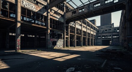Obraz premium Abandoned factory interior with broken windows, graffiti, and a connecting skyway