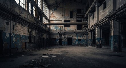 Obraz premium Decayed factory interior with peeling paint and tall windows