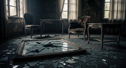 Abandoned room with shattered mirror on floor, peeling paint, and old furniture