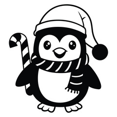 Cute penguin wearing a santa hat and scarf silhouette isolated on white background