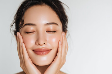 ナチュラルメイクの30代の女性（アジア人・コピースペース・広告・白背景）