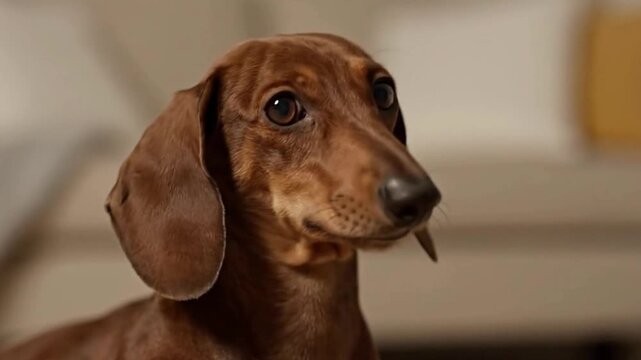 A closeup of a smoothcoated brown dachshund with droopy ears looking upwards