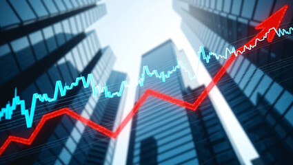 Financial graphs (blue and red upward trends) overlay skyscrapers, symbolizing economic growth.