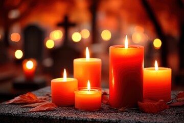 Candlelight warms a serene autumn cemetery, creating a mystical ambiance reflecting memories