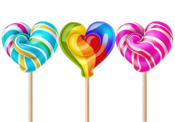Four vibrant heart-shaped lollipops on sticks, displayed in a row.  Each lollipop features a unique swirl pattern of various colors