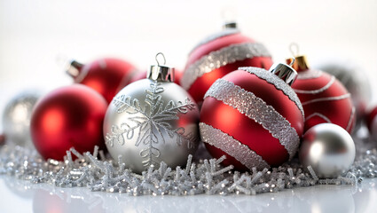 Red and silver Christmas ornaments with glittery details, placed on silver tinsel.