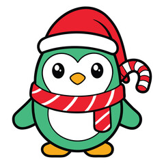 Cute christmas penguin with santa hat and scarf isolated on white background silhouette