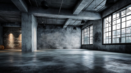 Abandoned Industrial Room with Weathered Brick and Peeling Paint