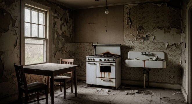 Decaying kitchen with peeling wallpaper, aged appliances, and dusty table