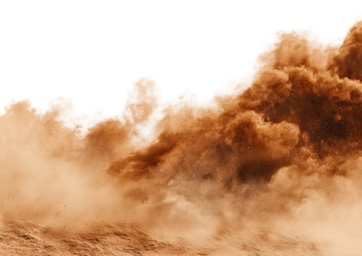 A dramatic cloud of reddish-brown dust billows across a dark background.  The dust looks like a dense, turbulent cloud formation