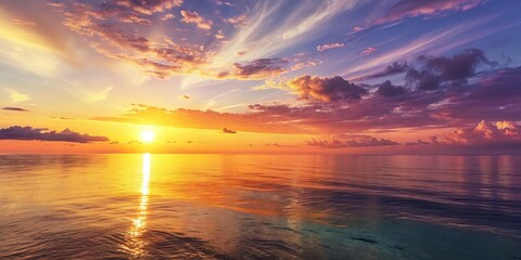 Golden Sunset Over Calm Ocean with Colorful Clouds Reflecting on Water, Seascape, Tranquility