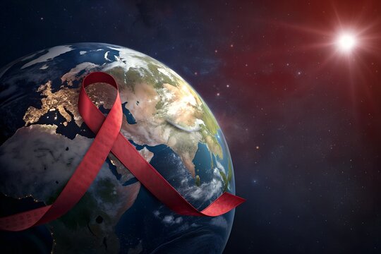 Red ribbon around planet earth symbolizing global aids awareness