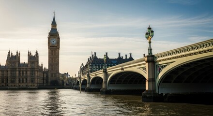 Fototapeta premium Clock tower & bridge span river, sunny daytime cityscape view