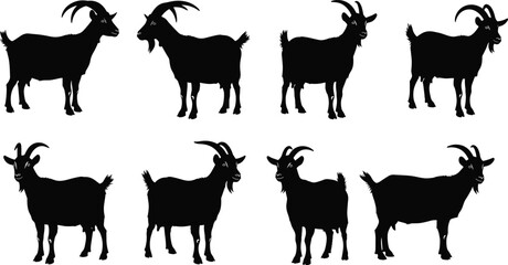 Goat silhouette icon set, black farm animal poses, horned livestock vector, minimal goat shapes, cad drawing flat illustration