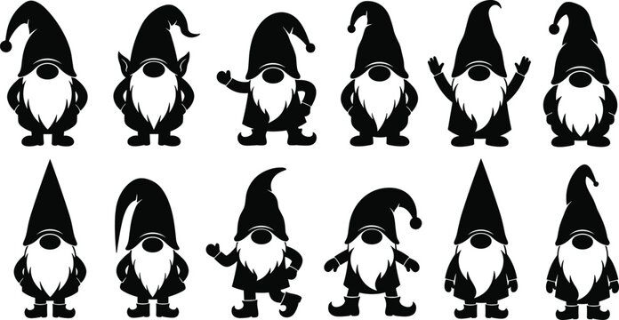 Gnome silhouette icon set, black fantasy character poses, whimsical dwarf vector pack, minimal hat and beard shapes, flat illustration