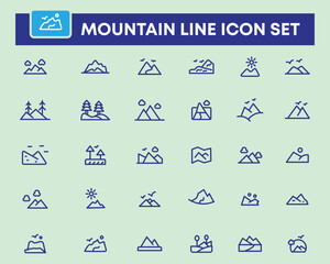 Mountain and Hiking vector icons set. Includes thin line hill, valley, forest, tree, climbing, high, landscape - scenery, climb, and more. Minimalist vector collections.