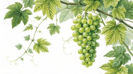 Green Grapes Watercolor Painting, Botanical Illustration, Grapes , Fruit