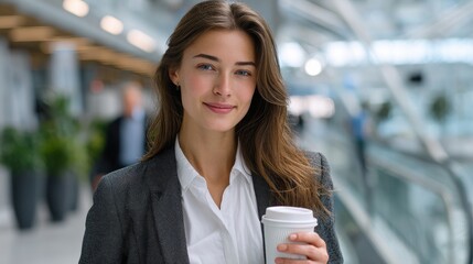 Confident businesswoman holding coffee, smiling gently in modern office building.