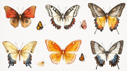 Obraz premium Six detailed butterfly illustrations, various colors and patterns