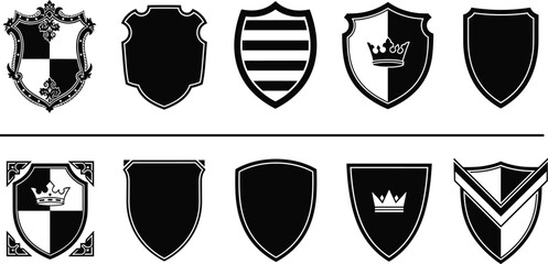 Elegant shield vector set, heraldry emblem collection, branding design elements, black and white cad drawing, flat illustration, royalty style