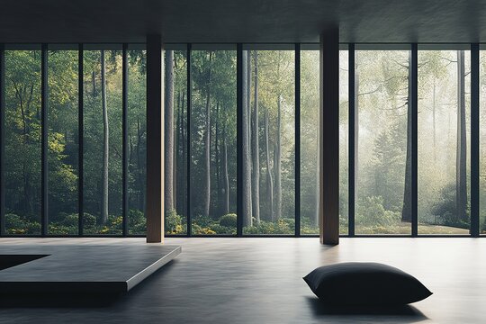 serene meditation in a minimalist room with floor-to-ceiling windows and forest view - Powered by Adobe