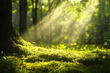 Fototapeta premium serene meditation on a soft mossy patch with sunlight filtering through trees