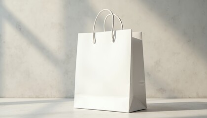 White Paper Shopping Bag with Rope Handles on Light Background