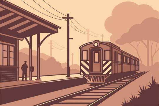 train departing from a commuter station in elgin illinois during early morning rush hour, lights glowing in the fog