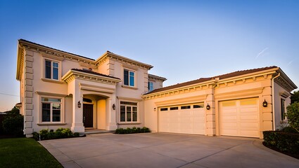Luxury Home Exterior at Sunset with Blue Sky and Green Lawn showcasing Architectural Details and Elegant Design for Upscale Real Estate