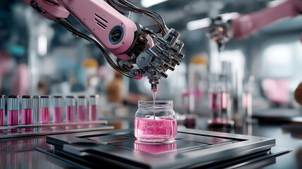 Futuristic Robotic Arm with Glossy Pastel Pink Precision Fingers &ndash; Dispensing Glowing Pink Liquid into Glass Jar &ndash; Ultra-Realistic 8K Sci-Fi Biotech Lab Scene with Cinematic Lighting