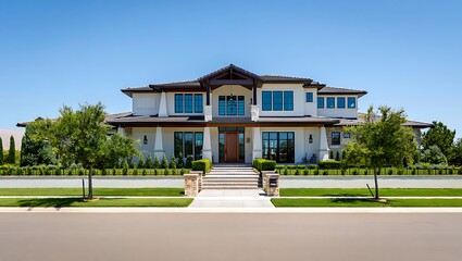Luxury Home Exterior with Elegant Design and Landscaped Yard Under a Clear Blue Sky A Modern Architectural Masterpiece