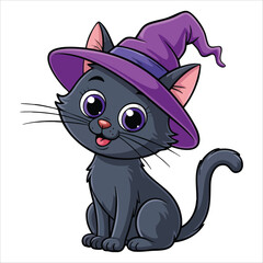 Hand drawn Halloween cute black kitty cat with green magic eyes and magic hat. Fantasy mystical fairytale theme with treats or tricks seasonal elements.