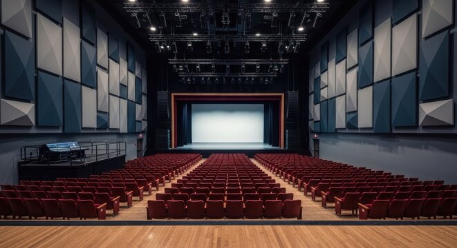 Empty theater shows rows of red seats facing a blank stage lit by spotlights