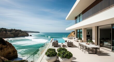 Fototapeta premium Coastal luxury home boasts ocean view, infinity pool, and modern architecture