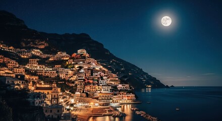 Coastal town illuminated at night, full moon shining bright over tranquil sea