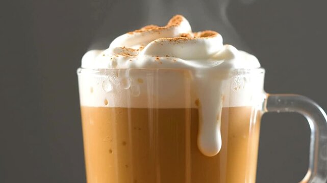 Pumpkin spice latte in a glass mug topped with whipped cream and sprinkled with spice