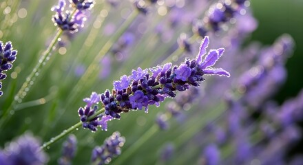 Obraz premium Vibrant purple lavender flowers in full bloom, with delicate petals and lush greenery, basking in warm sunlight, evoking serenity and natural beauty. AI Generated.