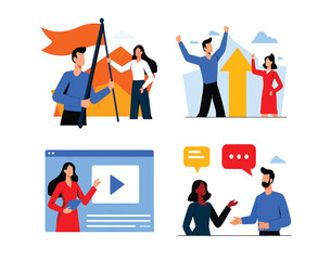 Naklejka premium Set of flat illustrations depicting business success, teamwork, and communication concepts