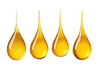 Four golden oil droplets, slightly varying in shade, hang vertically against a black background. 